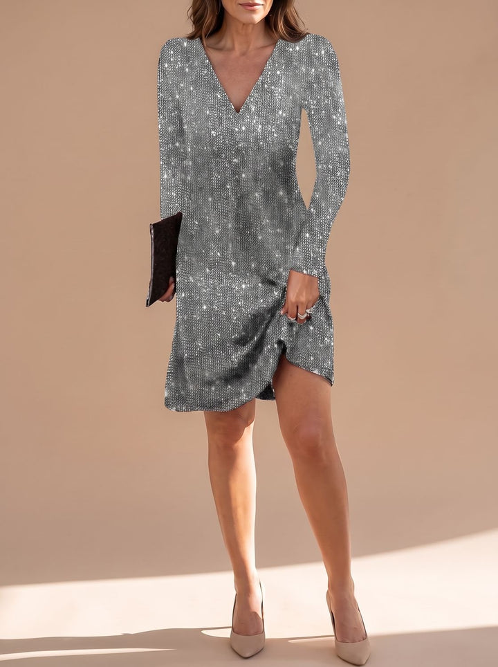 Women's Long-Sleeve V-Neck Sequin Christmas Party Mini Dress - Silver Grey