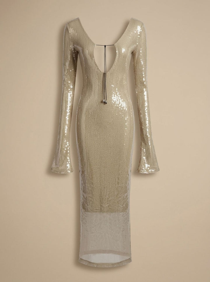 Women's Long-Sleeve V-Neck Sequin Maxi Dress