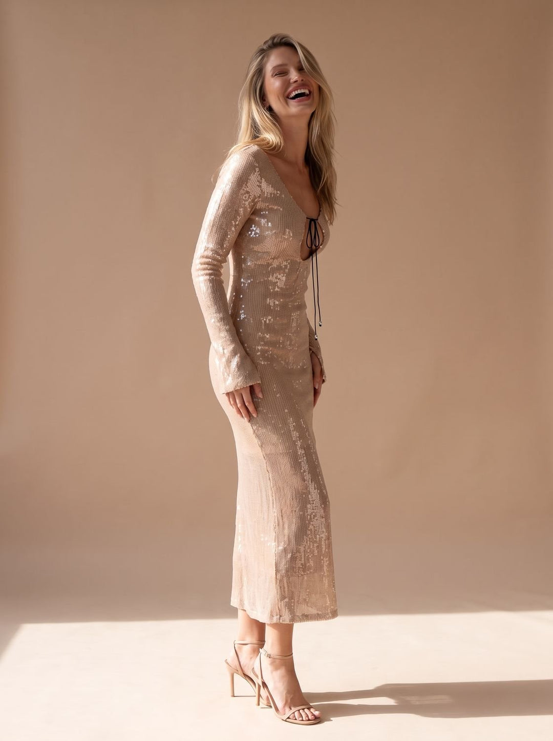 Women's Long-Sleeve V-Neck Sequin Maxi Dress