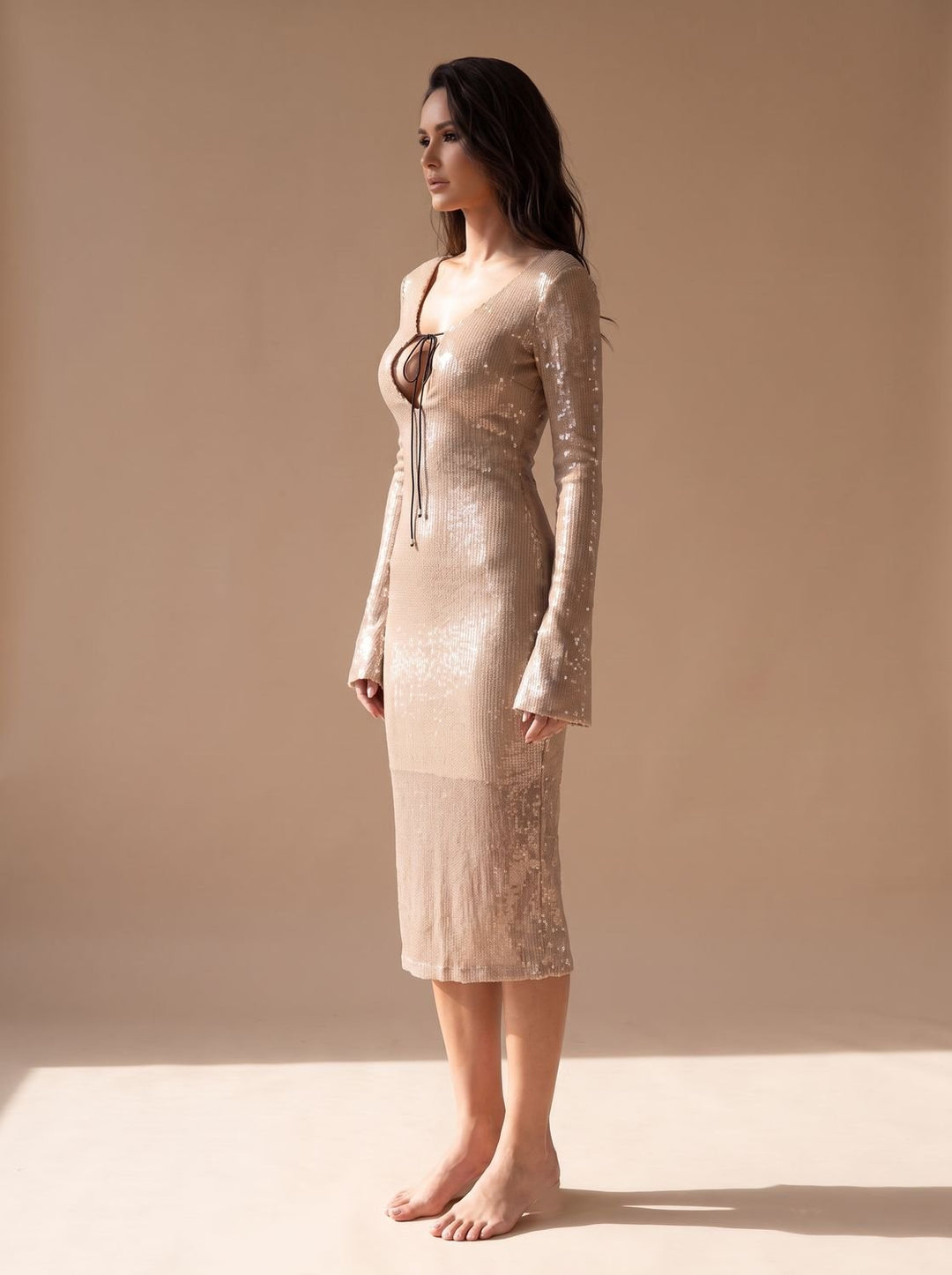 Women's Long-Sleeve V-Neck Sequin Maxi Dress