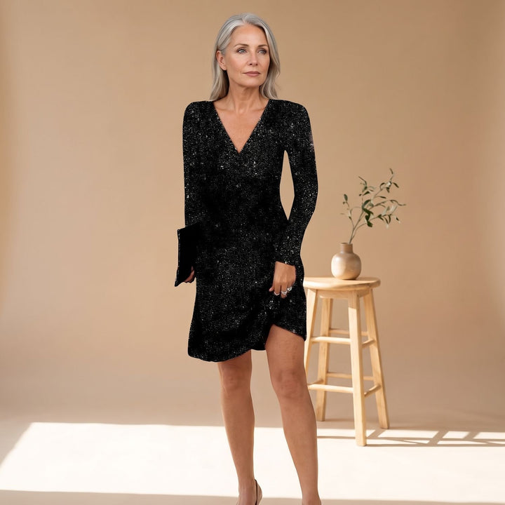 Women's Long-Sleeve V-Neck Sequin Mini Dress - Black