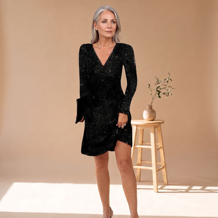 Women's Long-Sleeve V-Neck Sequin Mini Dress