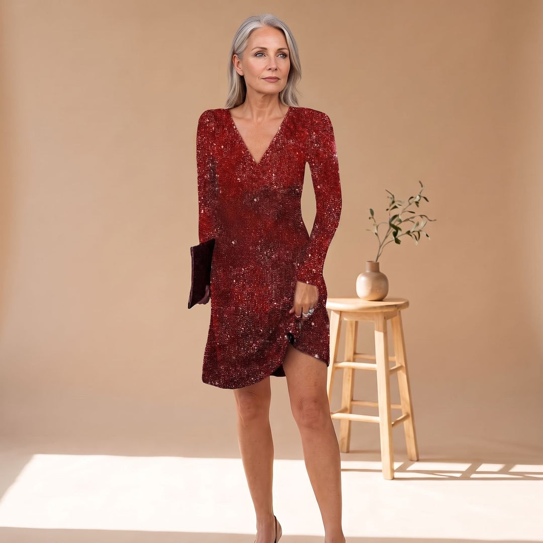 Women's Long-Sleeve V-Neck Sequin Mini Dress