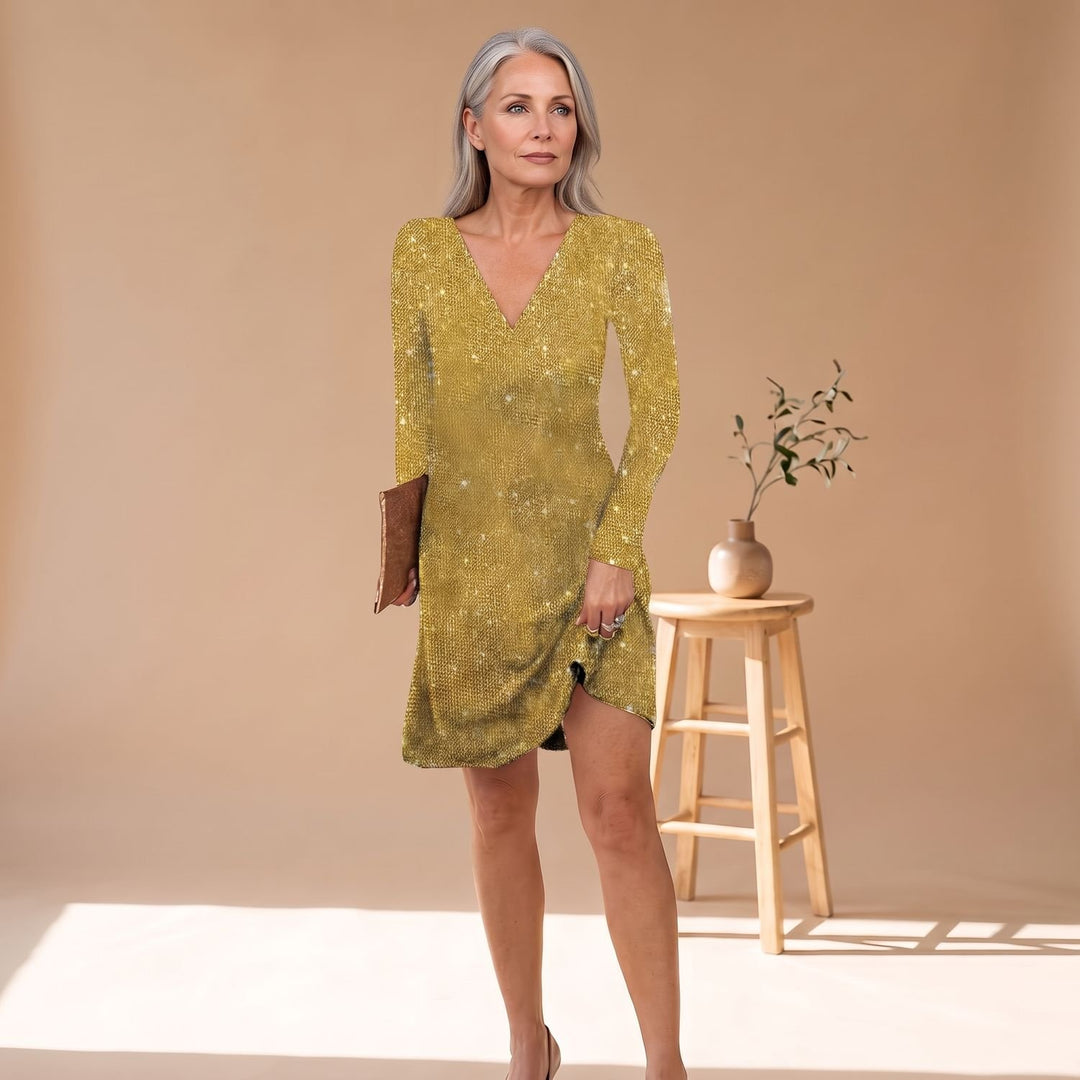 Women's Long-Sleeve V-Neck Sequin Mini Dress - Yellow
