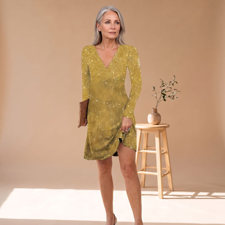 Women's Long-Sleeve V-Neck Sequin Mini Dress - Yellow