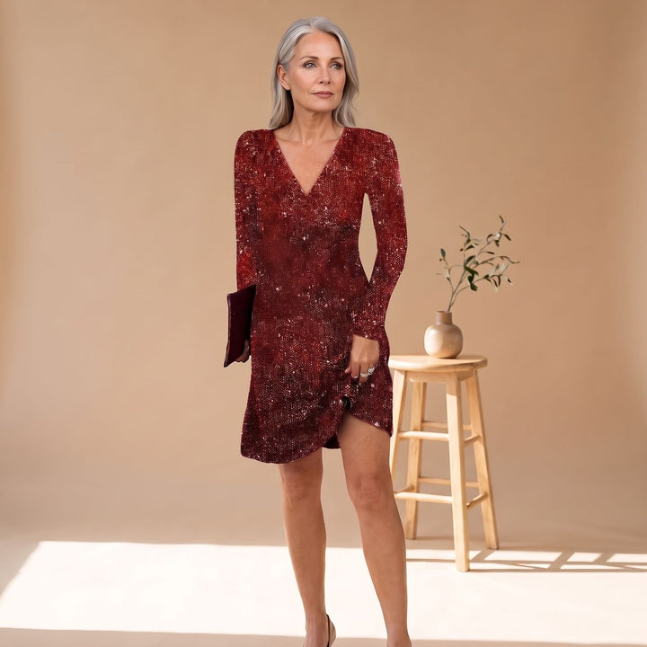 Women's Long-Sleeve V-Neck Sequin Mini Dress - Red