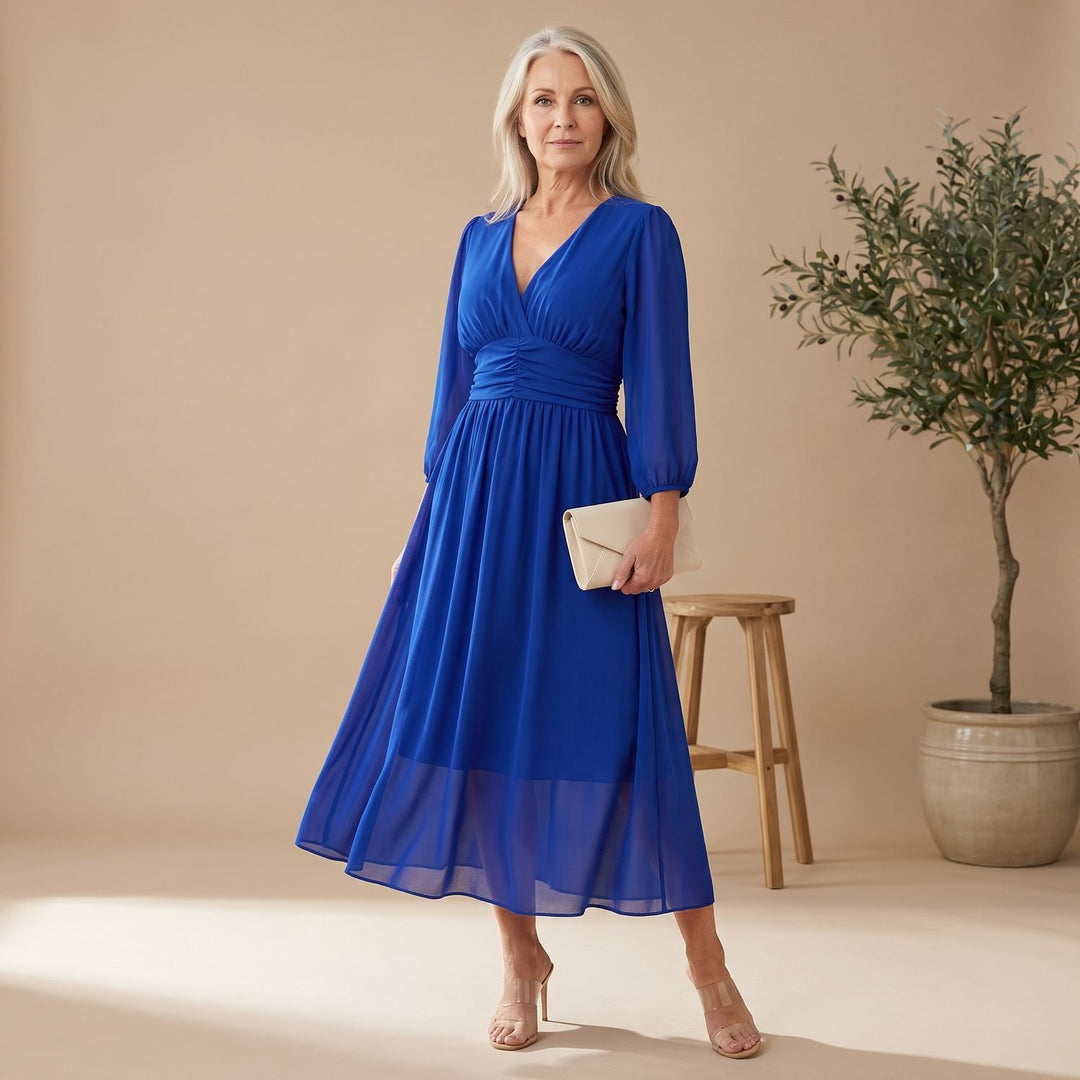 Women's Long-Sleeve V-Neck Wrap Midi Dress - Blue