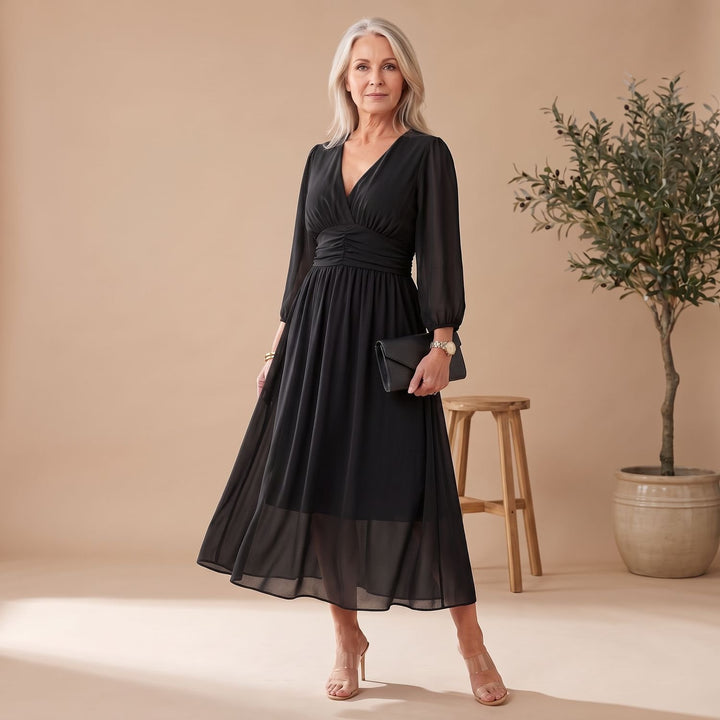 Women's Long-Sleeve V-Neck Wrap Midi Dress - Black