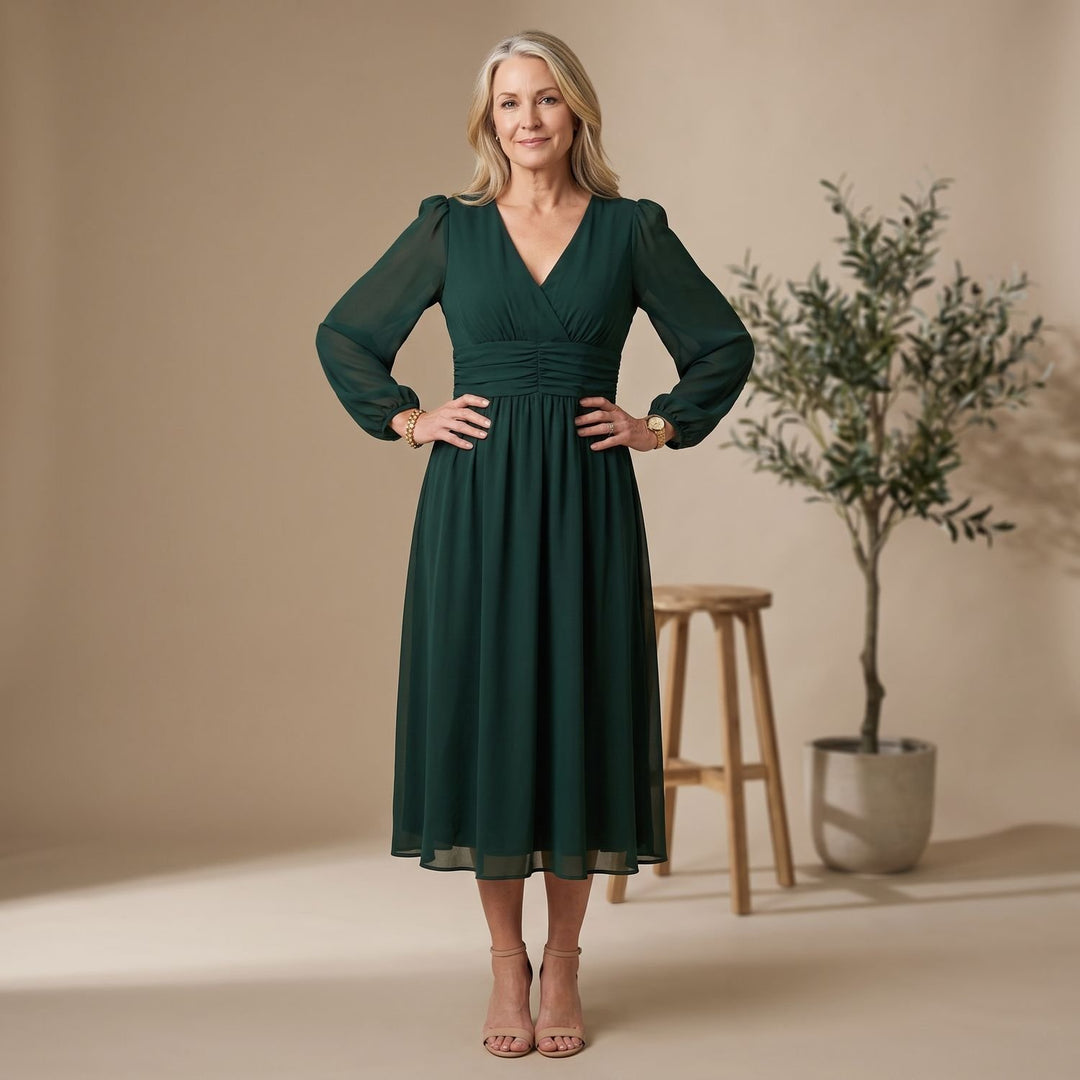 Women's Long-Sleeve V-Neck Wrap Midi Dress - Green