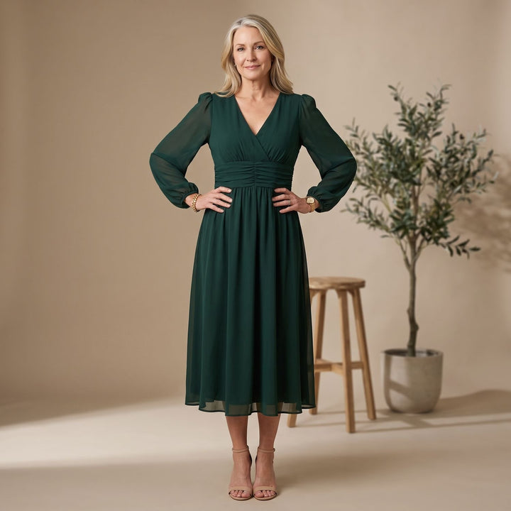 Women's Long-Sleeve V-Neck Wrap Midi Dress - Green