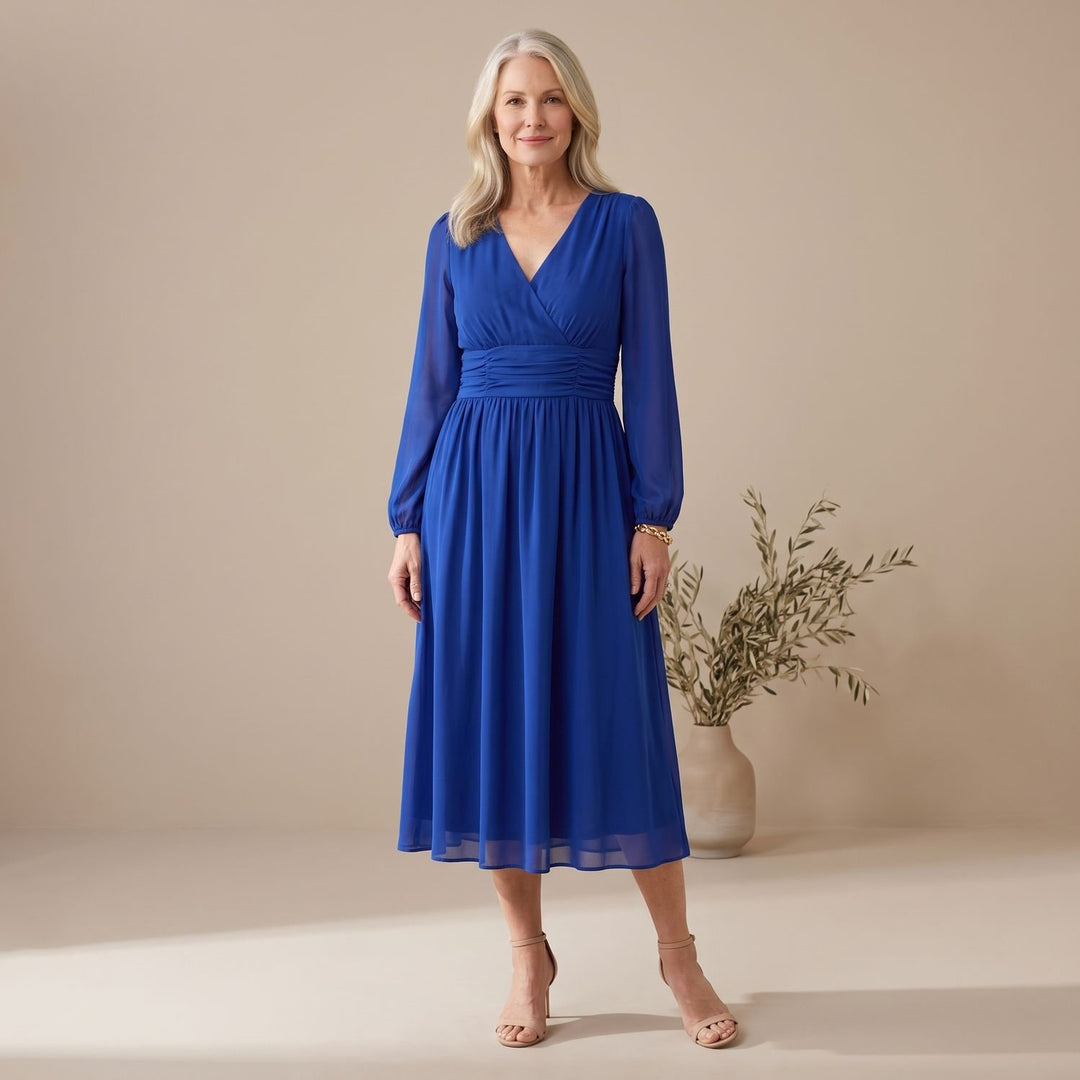 Women's Long-Sleeve V-Neck Wrap Midi Dress