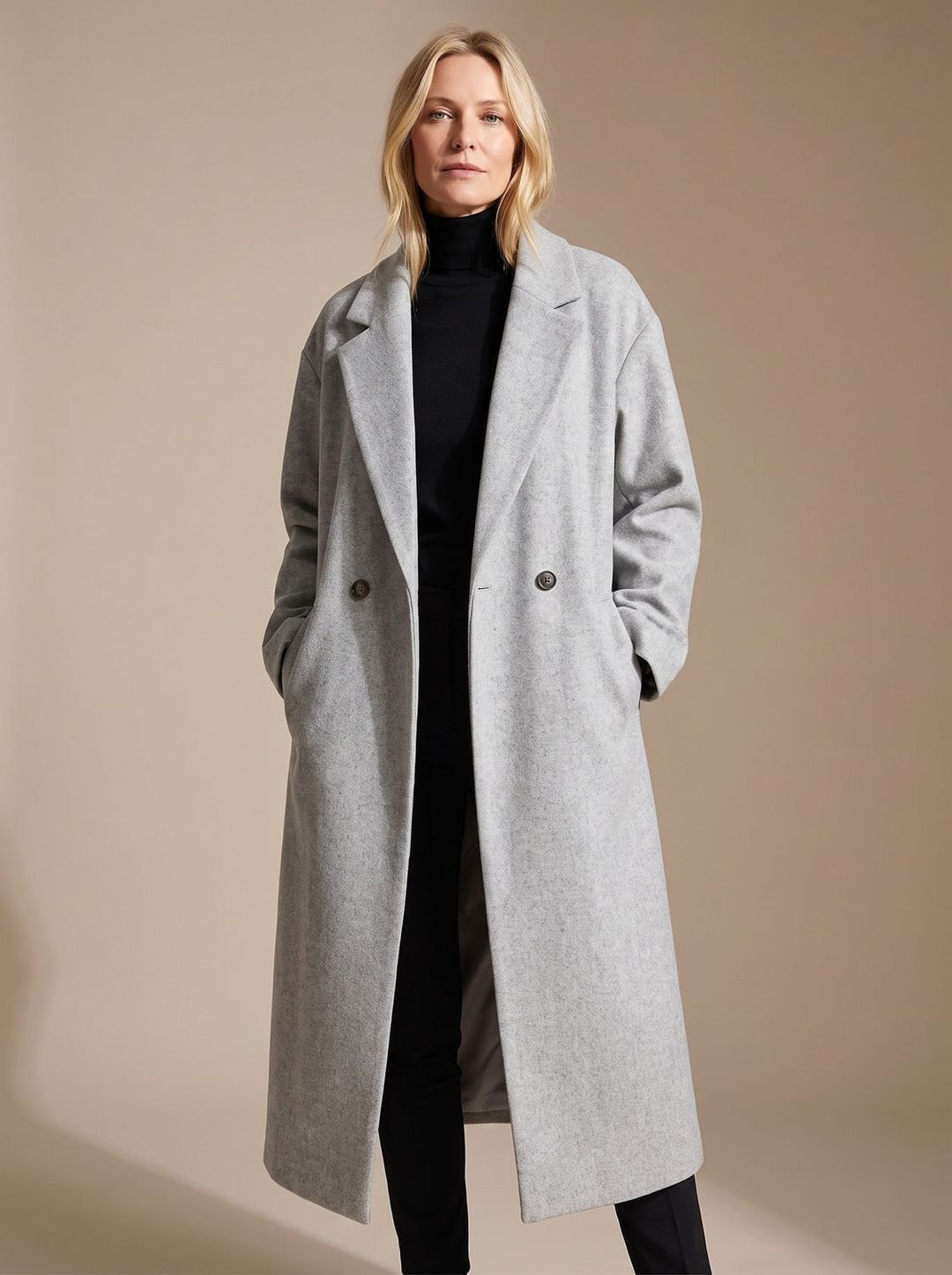 Women's Long Tailored Overcoat Double-Breasted Winter Coat - Grey