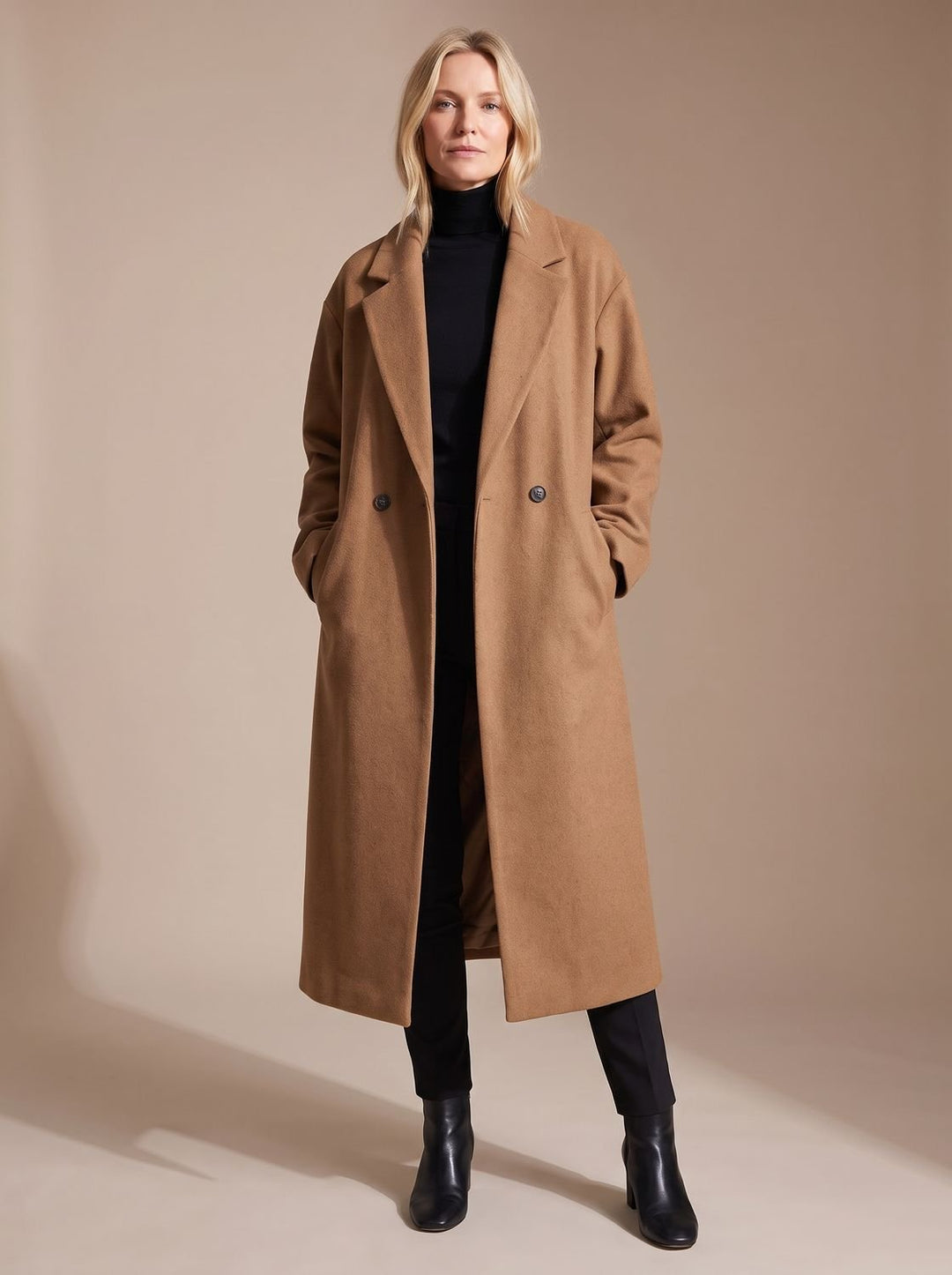 Women's Long Tailored Overcoat Double-Breasted Winter Coat - Brown