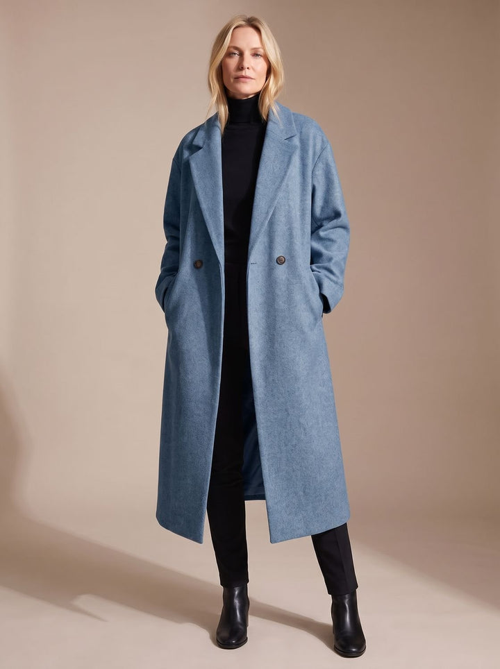 Women's Long Tailored Overcoat Double-Breasted Winter Coat - Blue