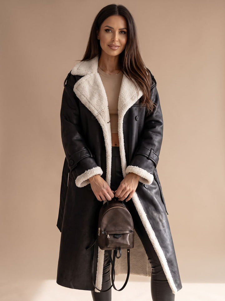 Women's Long Teddy Winter Coat Double-Breasted Sherpa Belted - Black