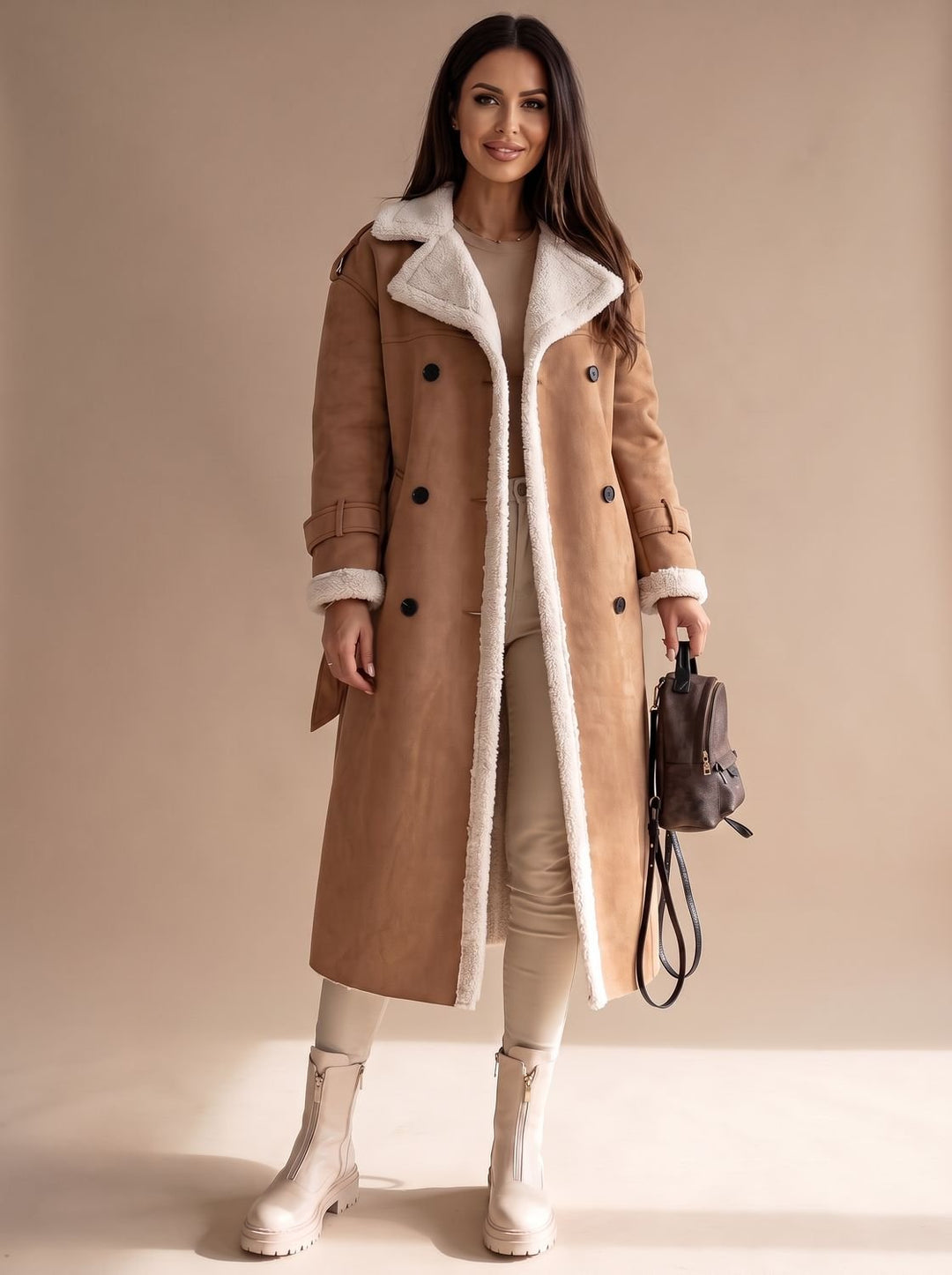 Women's Long Teddy Winter Coat Double-Breasted Sherpa Belted - Khaki