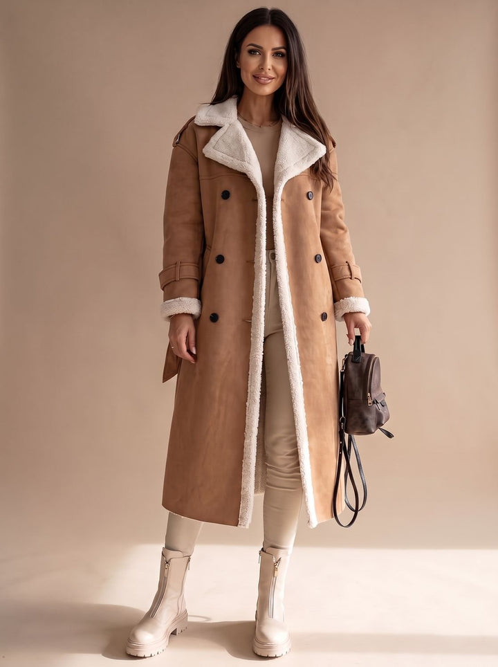 Women's Long Teddy Winter Coat Double-Breasted Sherpa Belted - Apricot
