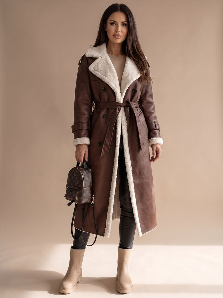 Women's Long Teddy Winter Coat Double-Breasted Sherpa Belted - Brown