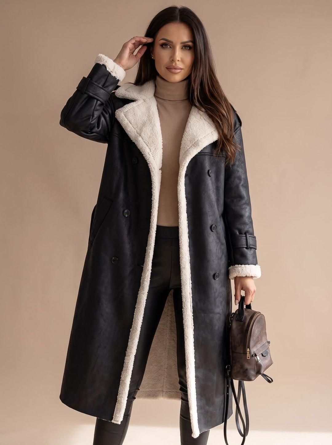 Women's Long Teddy Winter Coat Double-Breasted Sherpa Belted
