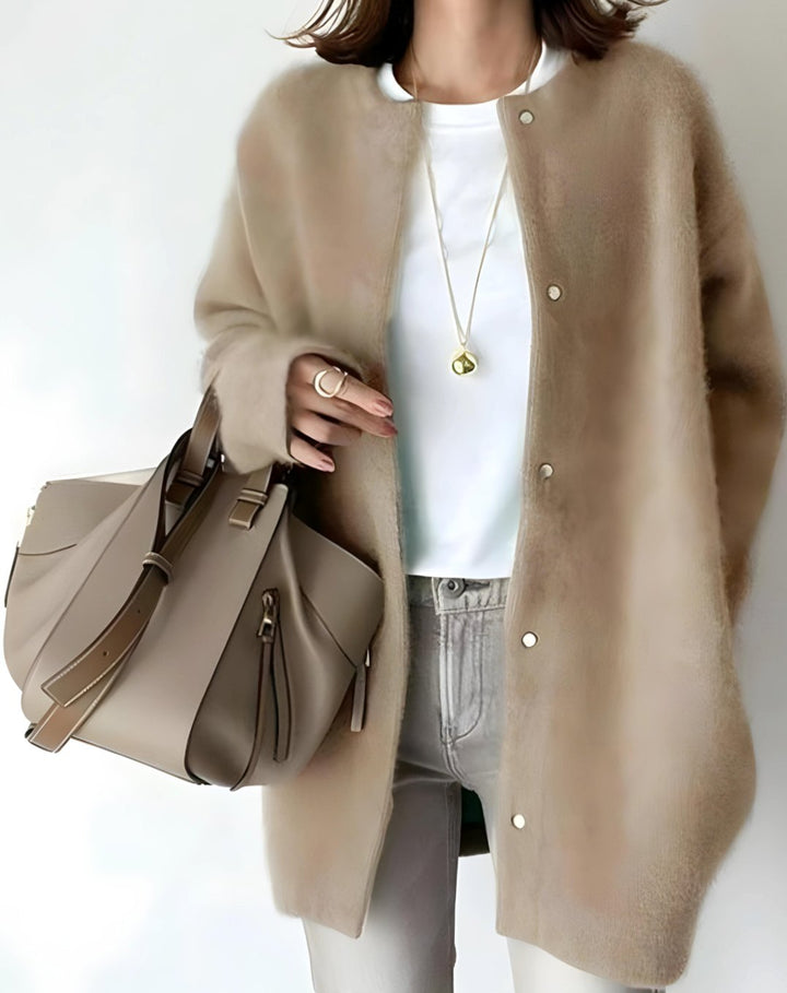 Women's Longline Crew Neck Snap-Button Relaxed-Fit Cardigan - Beige
