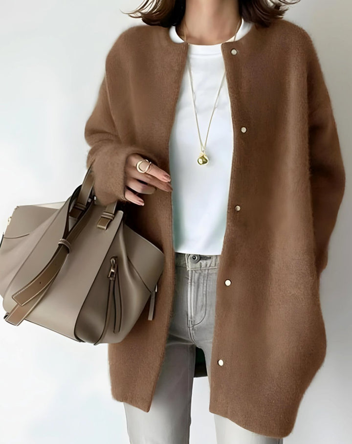 Women's Longline Crew Neck Snap-Button Relaxed-Fit Cardigan - Brown