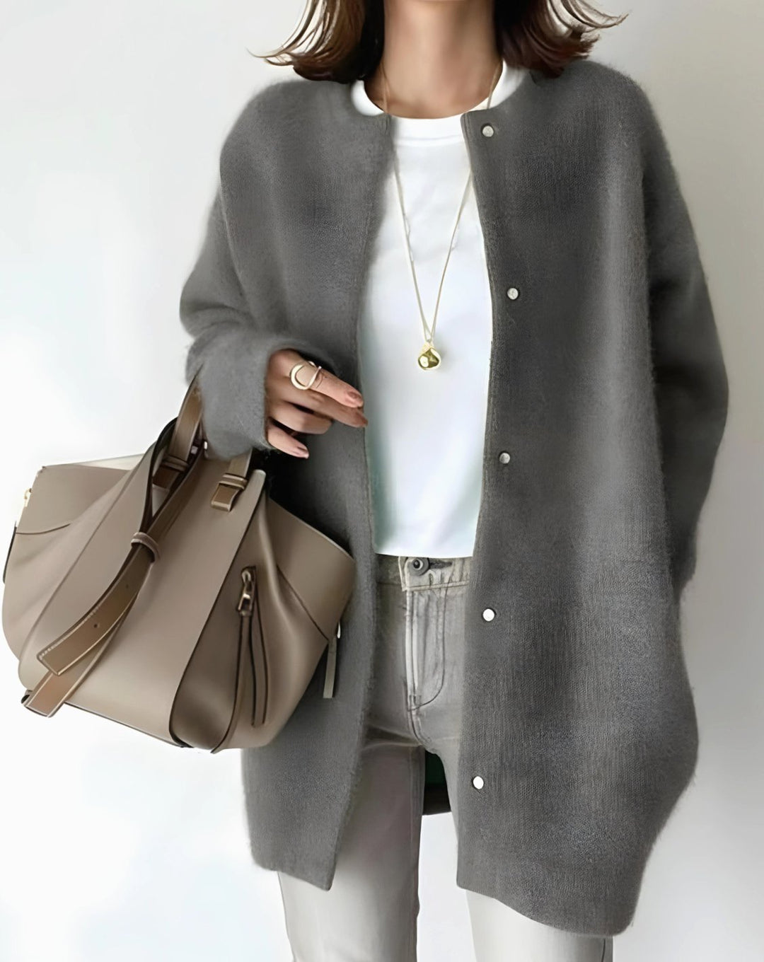 Women's Longline Crew Neck Snap-Button Relaxed-Fit Cardigan - Dark Brown