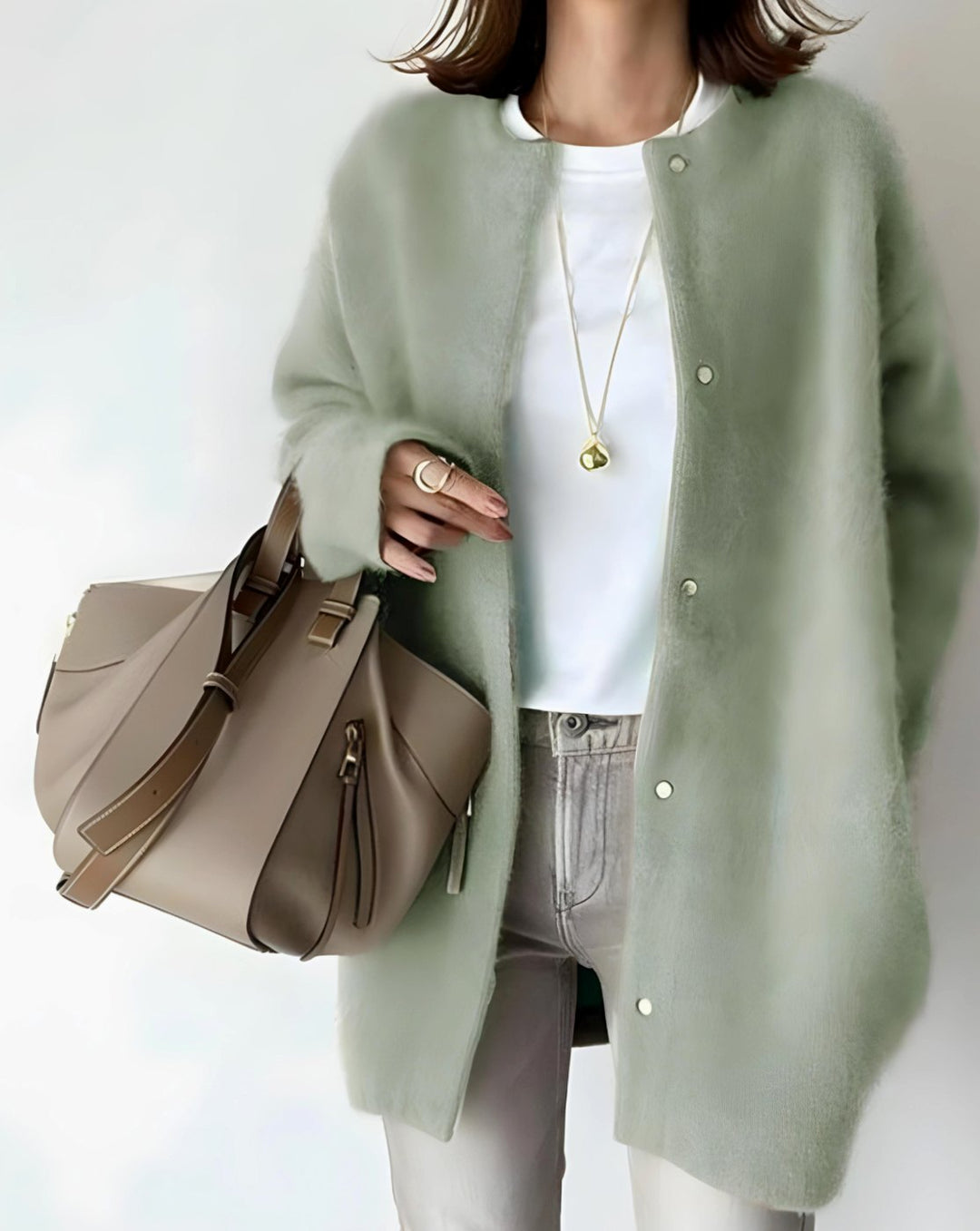 Women's Longline Crew Neck Snap-Button Relaxed-Fit Cardigan - Green