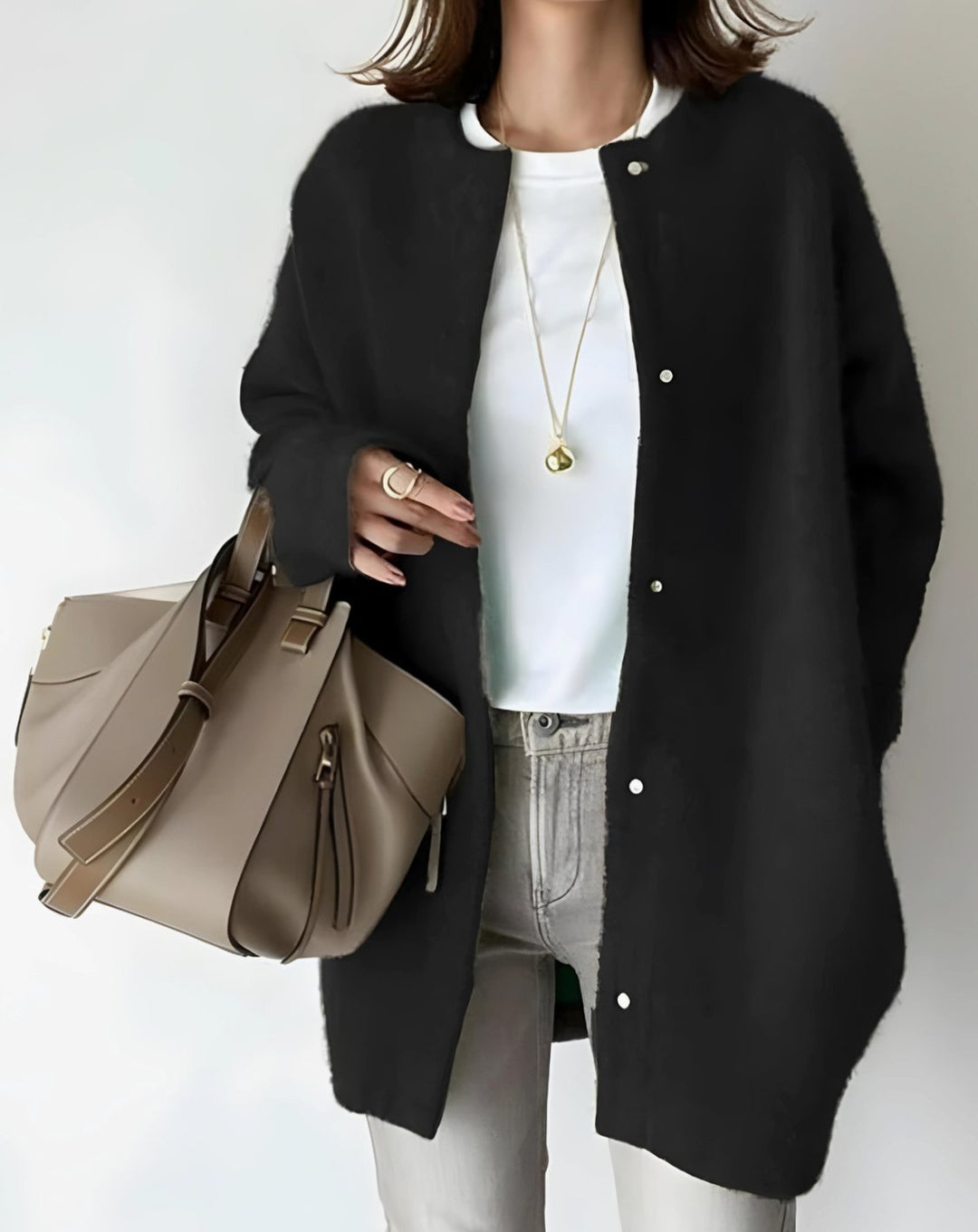 Women's Longline Crew Neck Snap-Button Relaxed-Fit Cardigan - Black