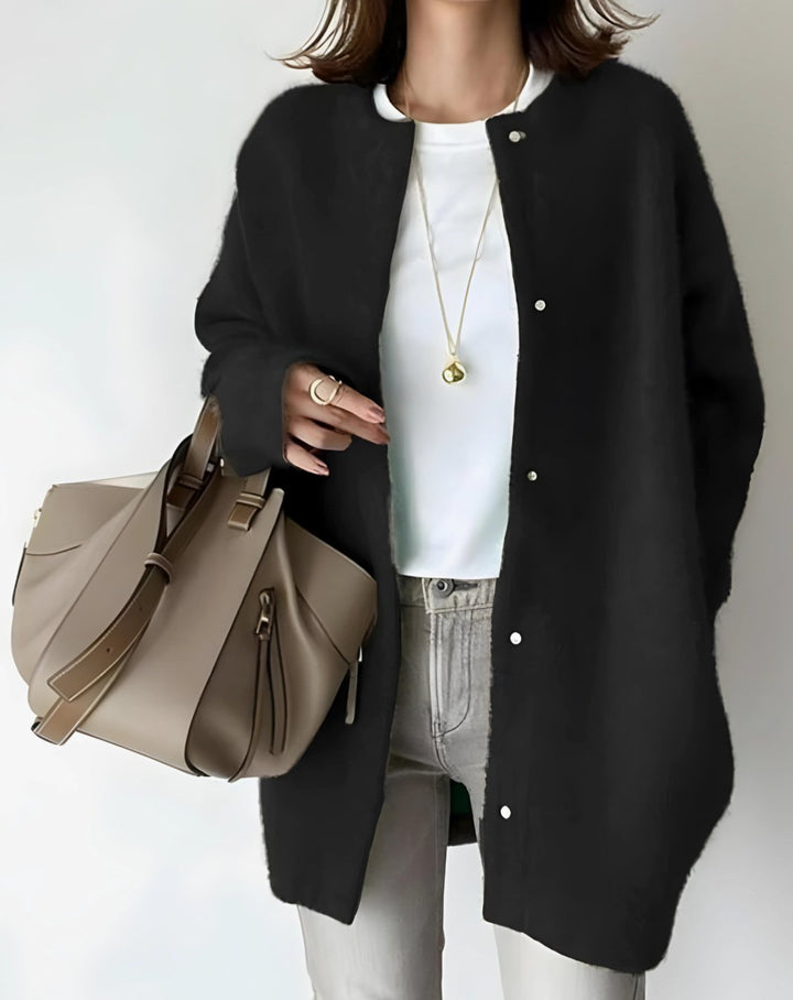 Women's Longline Crew Neck Snap-Button Relaxed-Fit Cardigan - Black
