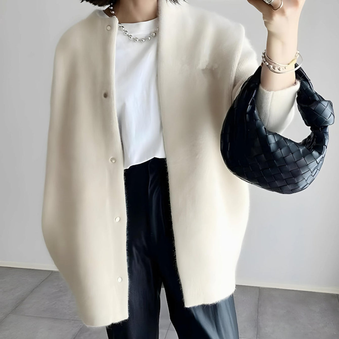 Women's Longline Crew Neck Snap-Button Relaxed-Fit Cardigan - White
