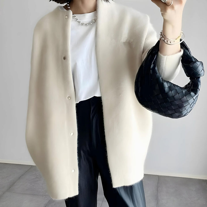 Women's Longline Crew Neck Snap-Button Relaxed-Fit Cardigan - White