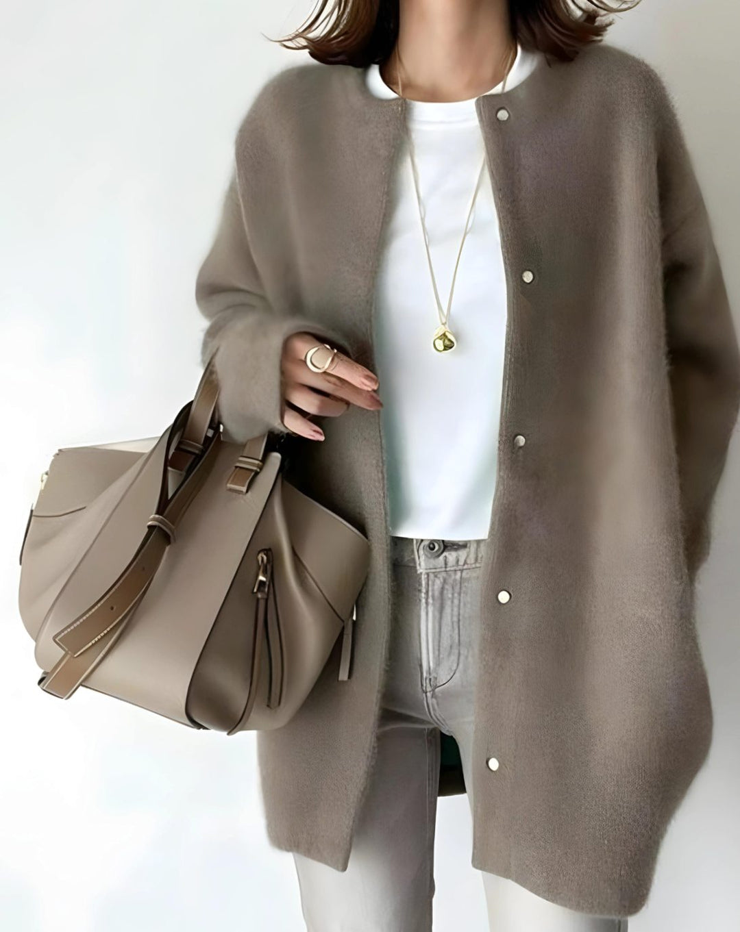 Women's Longline Crew Neck Snap-Button Relaxed-Fit Cardigan