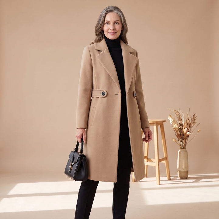 Women's Longline Double-Button Wool Coat Notch Lapel - Brown