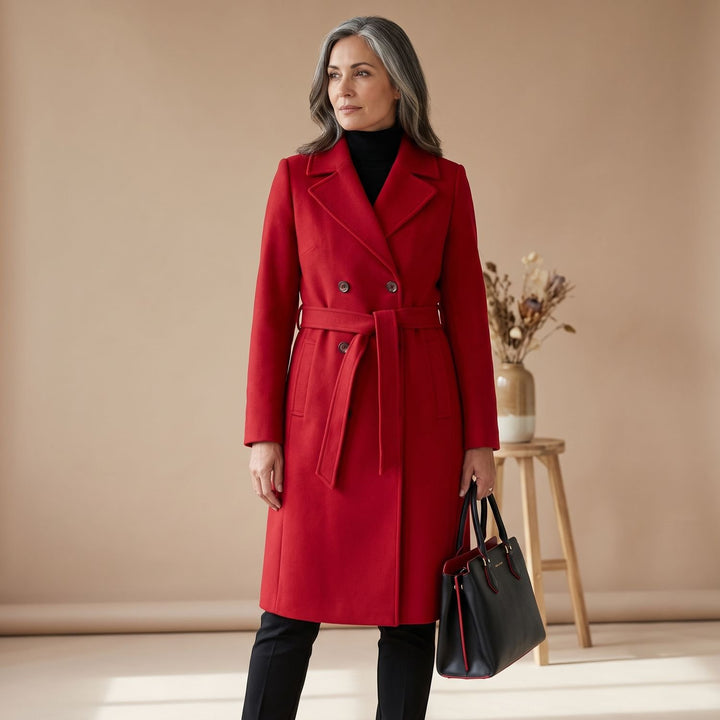 Women's Longline Double-Button Wool Coat Notch Lapel - Red