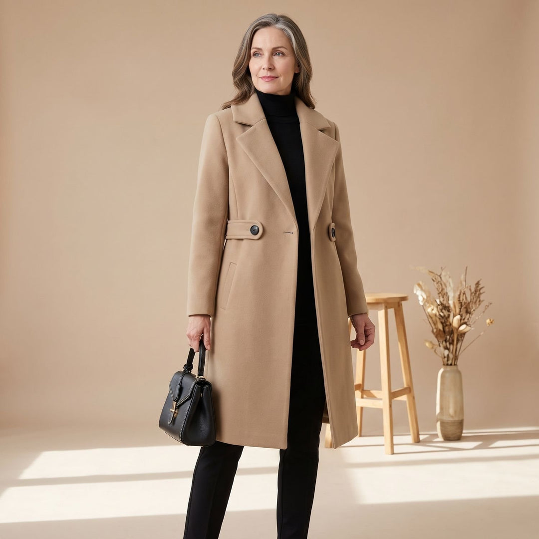 Women's Longline Double-Button Wool Coat Notch Lapel - Beige