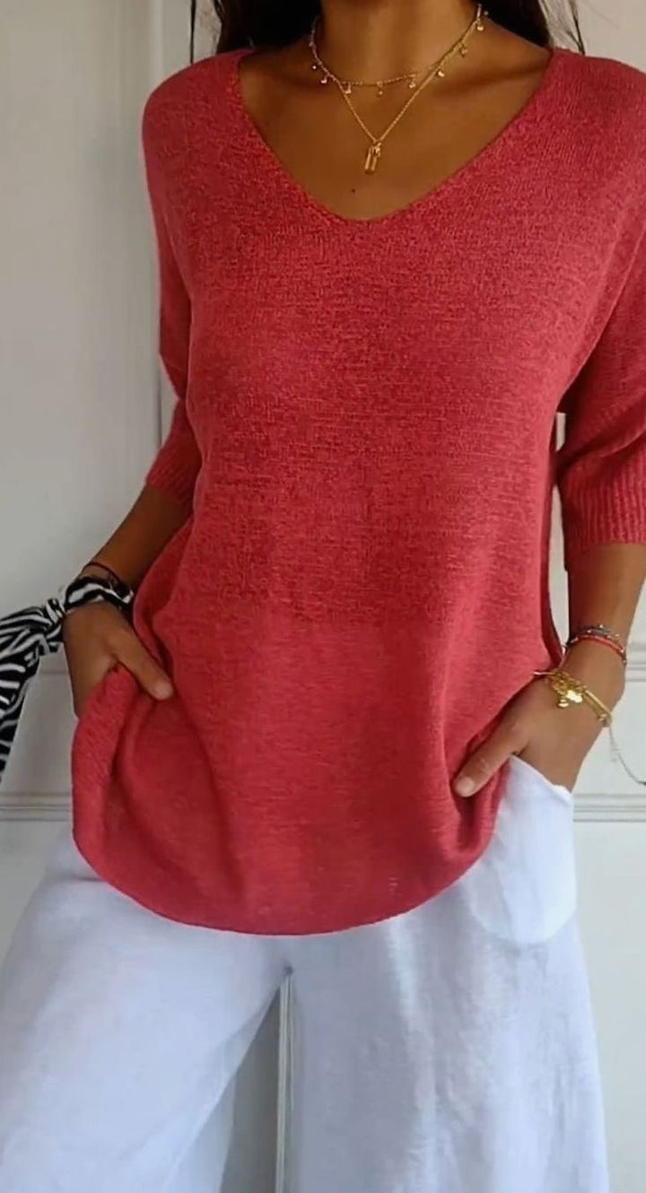 Women's Longline Loose Fit V-Neck Knit Tunic Top - Red