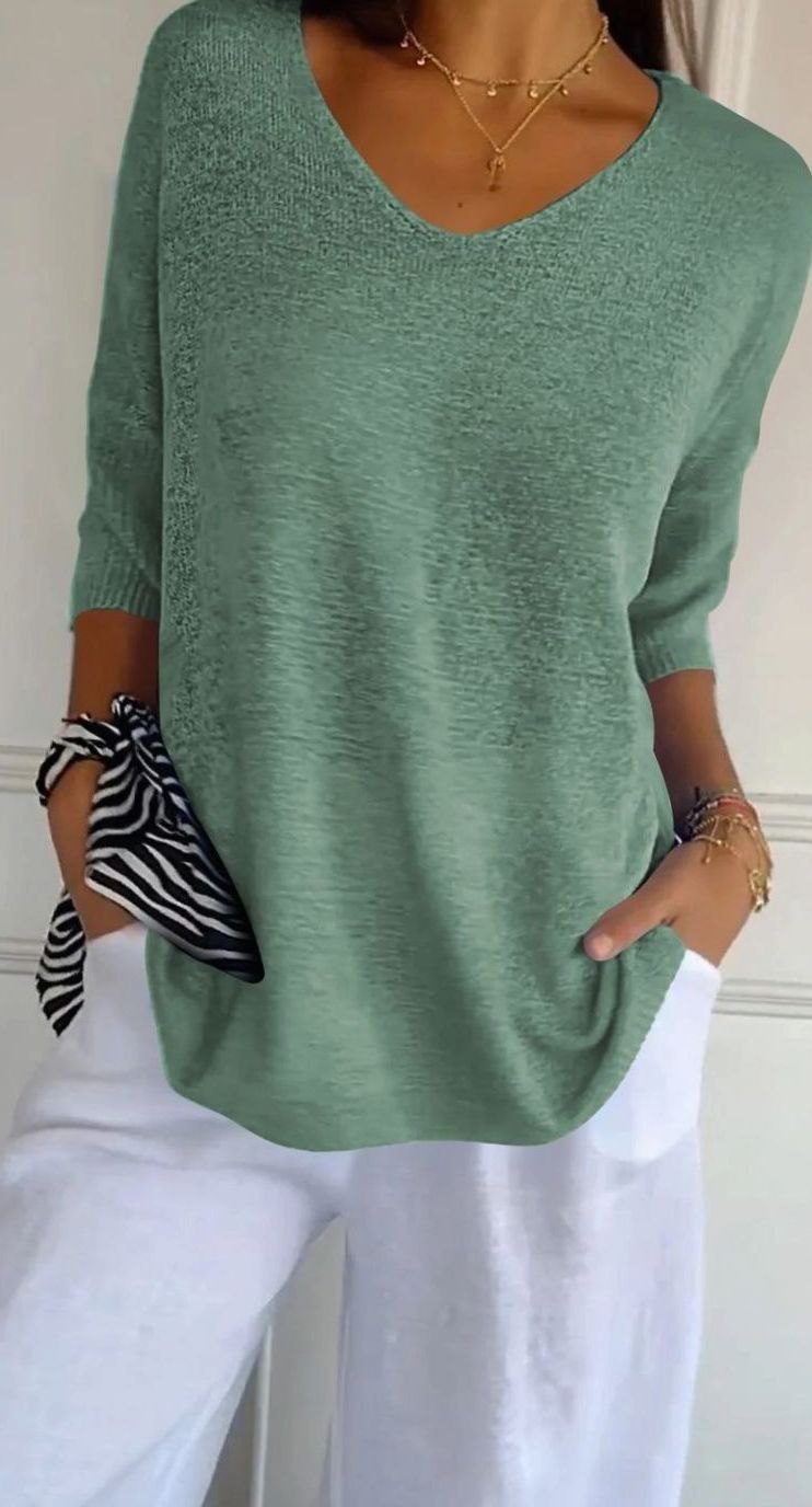 Women's Longline Loose Fit V-Neck Knit Tunic Top - Grass Green
