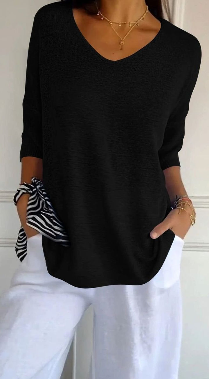 Women's Longline Loose Fit V-Neck Knit Tunic Top - Black