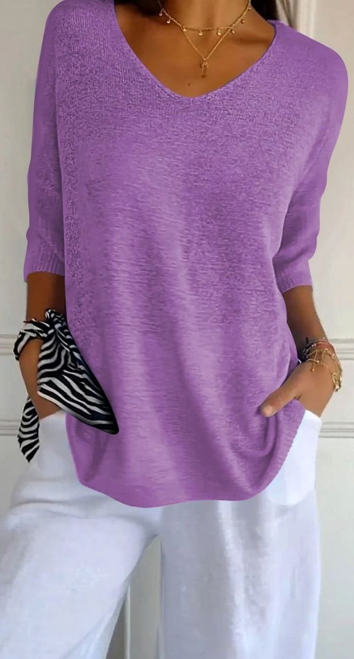 Women's Longline Loose Fit V-Neck Knit Tunic Top - Violet