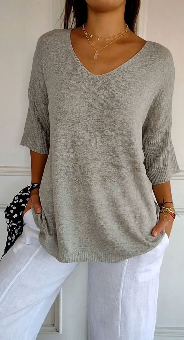 Women's Longline Loose Fit V-Neck Knit Tunic Top - Gray