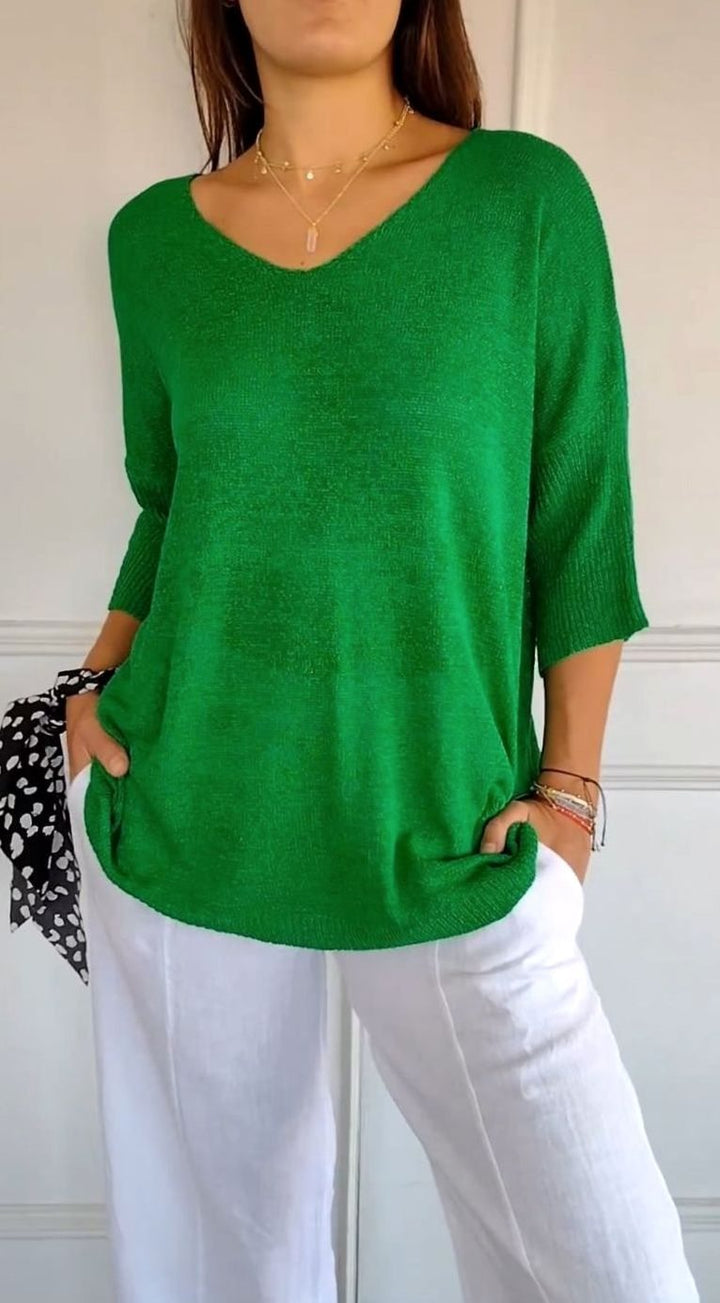 Women's Longline Loose Fit V-Neck Knit Tunic Top - Green