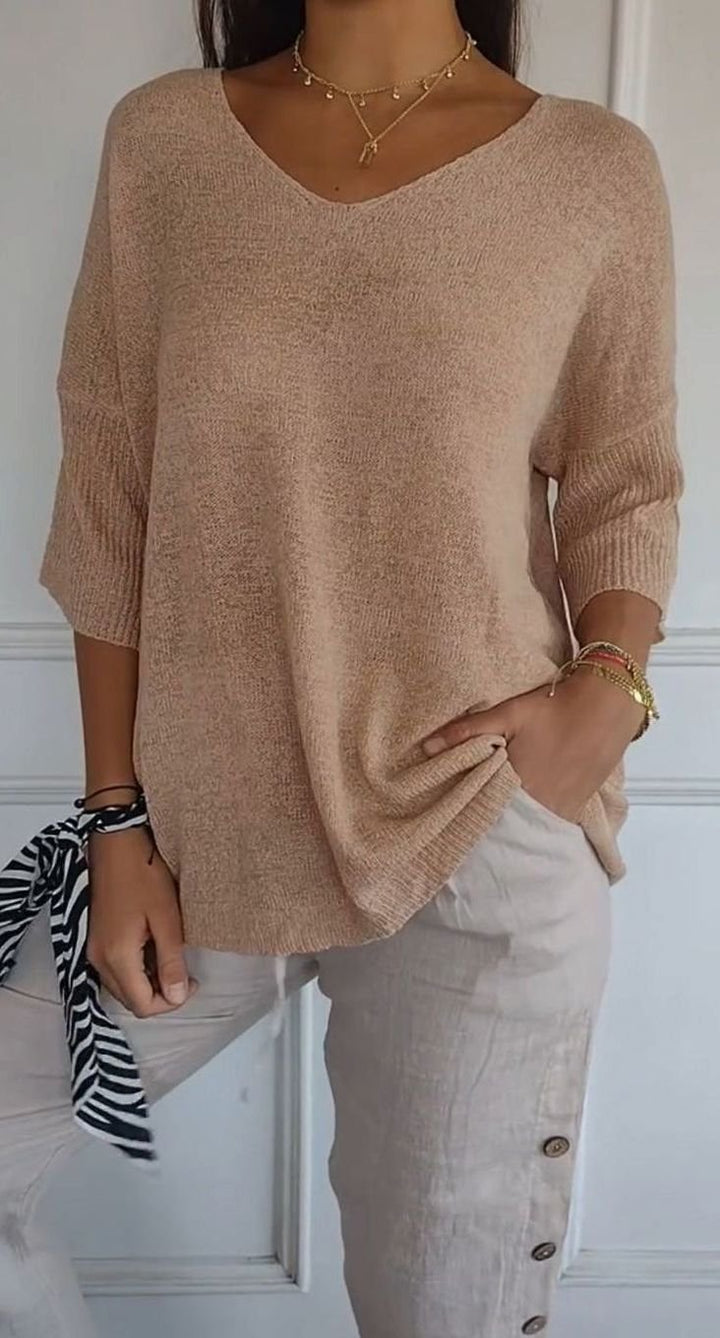 Women's Longline Loose Fit V-Neck Knit Tunic Top - Apricot