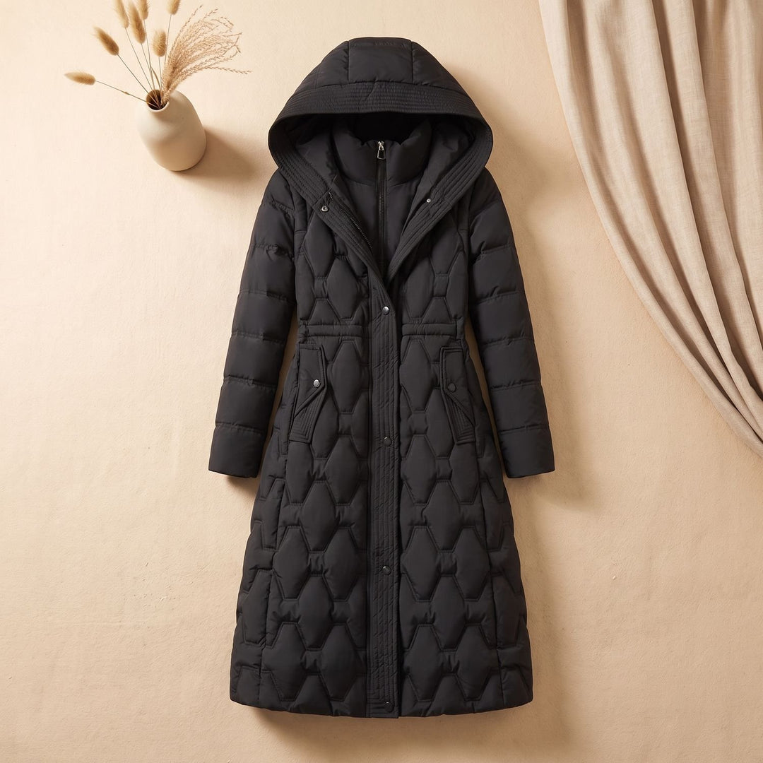 Women's Longline Quilted Hooded Parka Winter Coat - Black