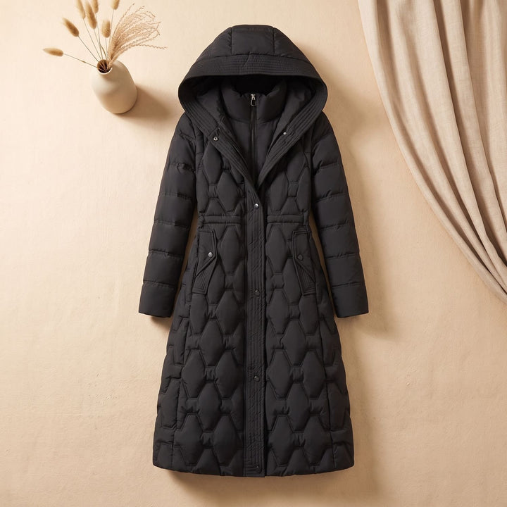 Women's Longline Quilted Hooded Parka Winter Coat - Black
