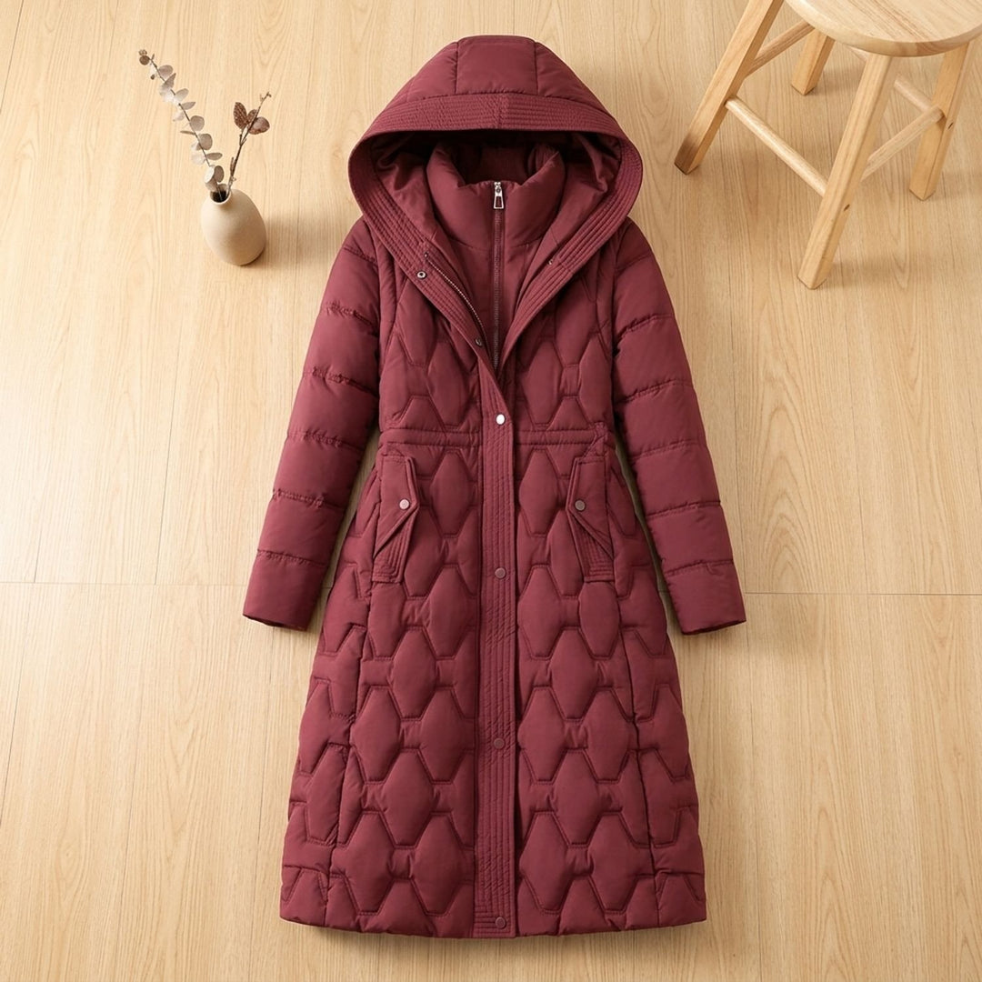 Women's Longline Quilted Hooded Parka Winter Coat - Burgundy