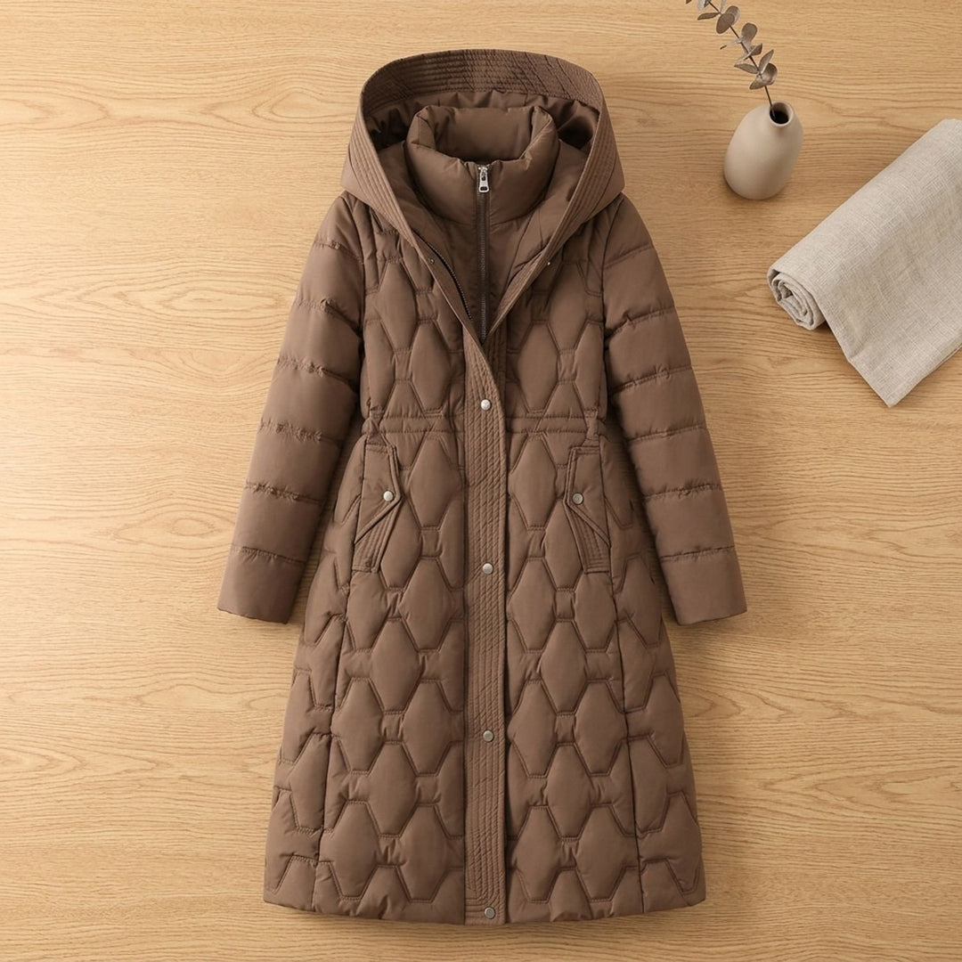 Women's Longline Quilted Hooded Parka Winter Coat - Brown