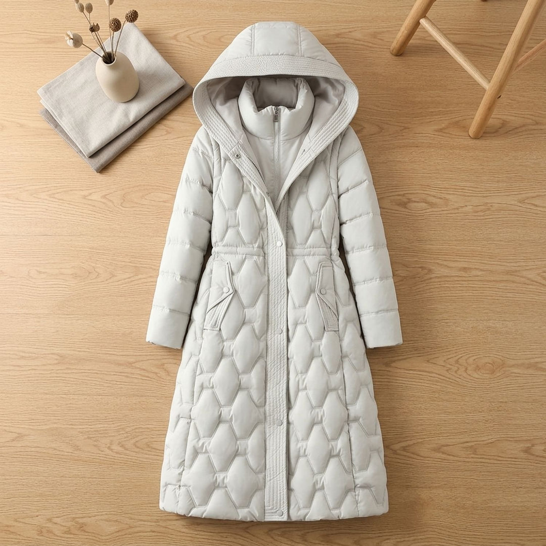Women's Longline Quilted Hooded Parka Winter Coat - Ecru