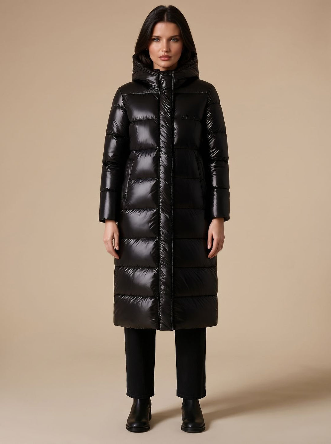 Women's Longline Quilted Hooded Puffer Jacket - Black
