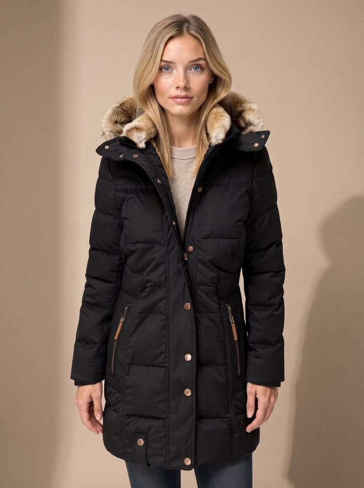 Women's Longline Quilted Puffer Coat Faux Fur Hooded - Black
