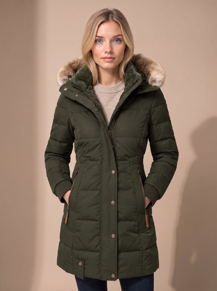 Women's Longline Quilted Puffer Coat Faux Fur Hooded - Green